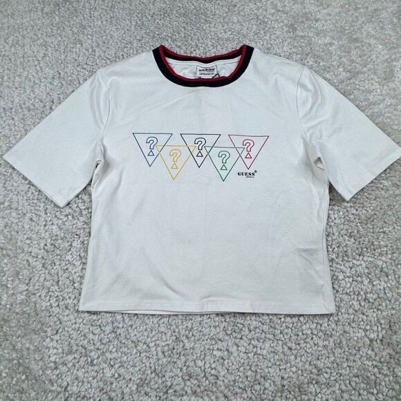 GUESS Cotton Blend Short Sleeve Tee White Crop NEW - Picture 1 of 6